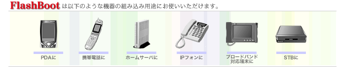 FlashBootの用途(PDAに/携帯電話に/ホームサーバに/IPフォンに/ブロードバンド対応端末にSTBに)